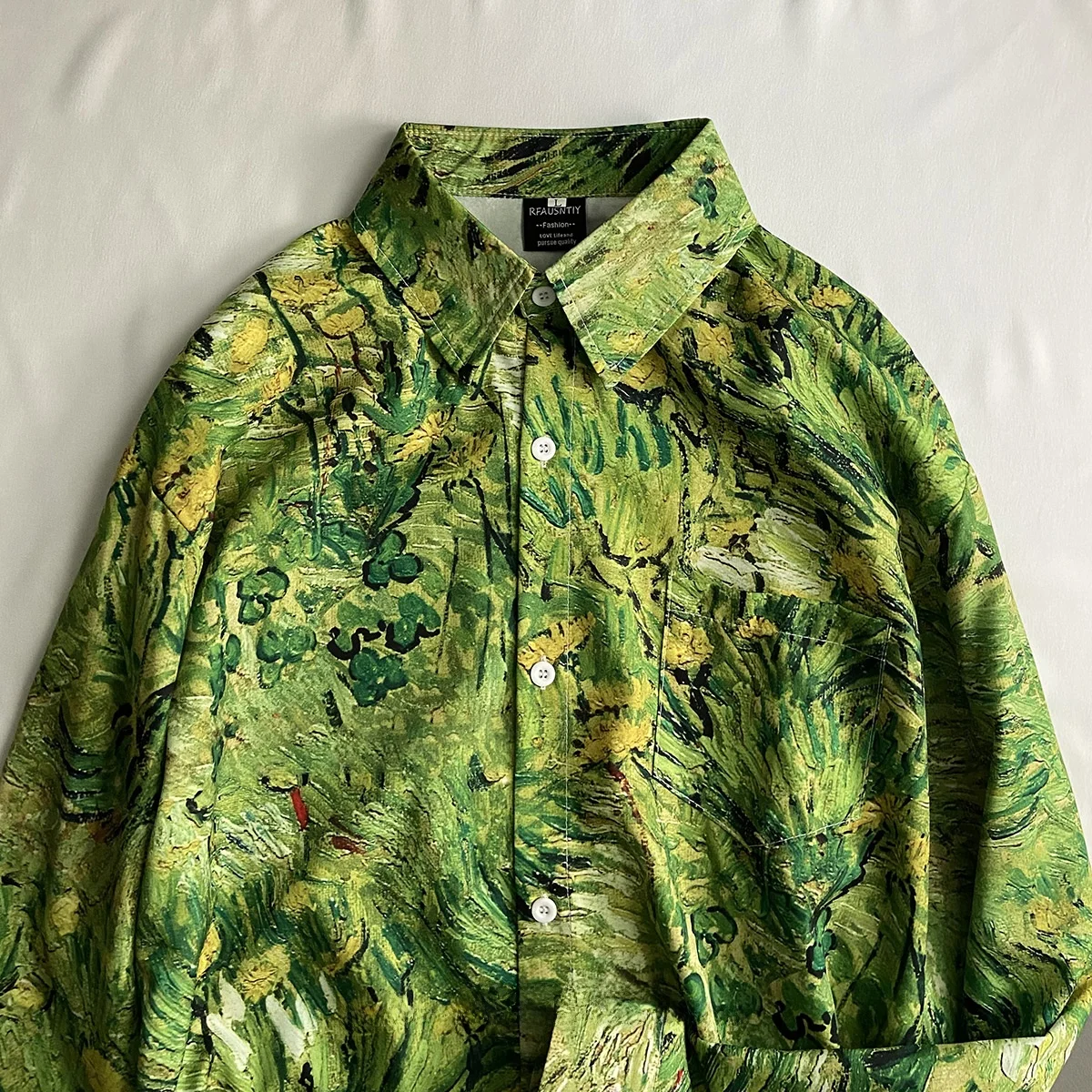 草緑色の植物油彩フラワープリント長袖シャツ【レトロ・春秋用・ユニセックス】