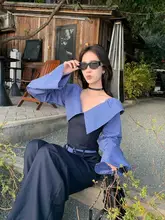 ストライプ切り替え長袖シャツとハイウエストワイドパンツ【秋冬用・トレ ンド女性ファッション】（セットアップ対応）