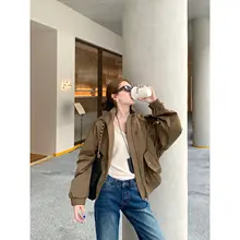 春秋用カジュアルバイカー風ジャケット【防風・ラウンドカラー・カーキ色・女性用】