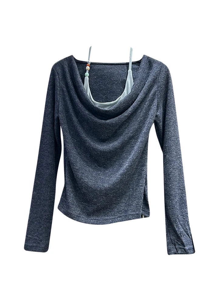 柔らかいデザインのダンテイネックニットトップス【長袖・ひだ付き】（セットアップ対応）