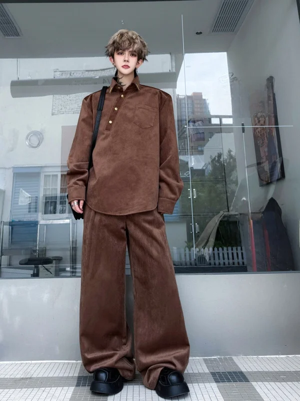 秋冬用斜め襟デザインのプルオーバーとワイドレッグパンツセッ ト：20代男性向けカジュアルプレゼントの選定基準
