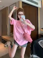立体小熊デザインの粉色半袖Tシャツ【ゆったり・カジュアル・コットン】