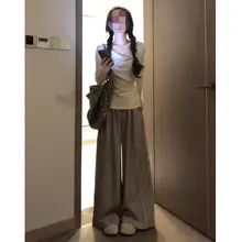 スニーカーに合わせやすい！ストライプ柄ハイウエストワイドパンツ【ロング丈・女性用・フィット】