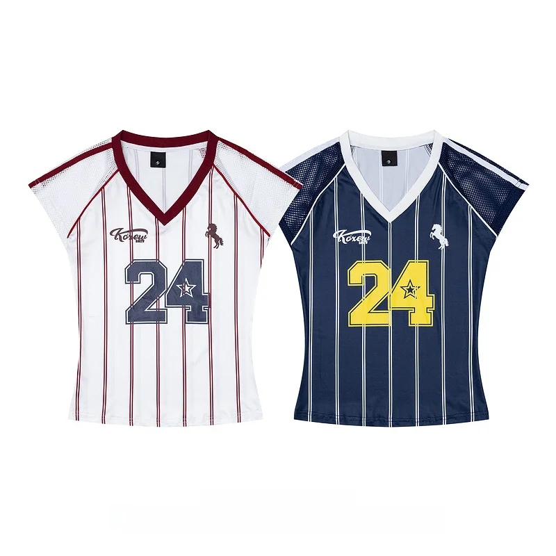 スポーティーなストライププリント半袖Tシャツ：cuwuブランドの美式風デザインが日常に溶け込む