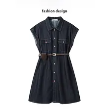 CIVICERA ノースリーブデニムワンピース【フレンチスタイル・ウエストリボン付き・夏用】