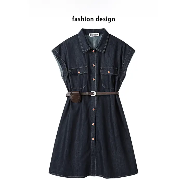CIVICERA ノースリーブデニムワンピース【フレンチスタイル・ウエストリボン付き・夏用】