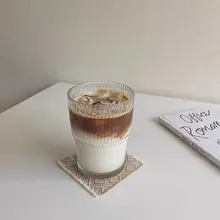 ストライプデザイン ガラス製コーヒーカップ【フタ付き・ストロー付き・家庭用・アイスカフェラテ ・ミルク用】