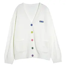 春秋用のニットカーディガン【学生向け・ボタン付き・クリーム色・甘美なデザイン】（セットアップ対応）