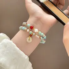 二重天然石粉水晶蓮花デザインブレスレット【女性用・寿山石・オリジナルデザイン・平安ハンドアクセサリー】