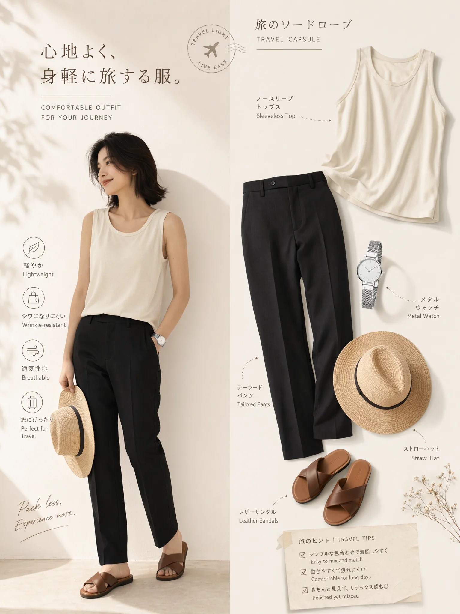 黒の細身ストレートパンツ、ブラウンのクロスサンダル、ナチュラルカラーのハット、シルバーの腕時計、アイボリーのタンクトップを合わせた夏の装い