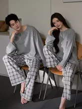 カジュアルなTシャツとチェック柄ロングパンツの春秋用パジャマ【柔らかい純綿・快適なウェア】