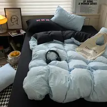 シンプルなデザイン！水洗いコットン製 4点セットベッドリネン【学生用・デュベカバー・シーツ付き・1.8m用】