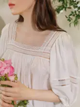 春夏用 シルクコットン ホワイト 方形ネック  レース フリル パフスリーブ ティーシャツ