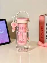 可愛いデザインの食品グレード高硼珪酸ガラス製タンブラー【ストロー付き・持ち運び便利・茶水分離型】