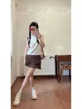 美式ビンテージ風フラワープリントブラウンプリーツミニスカート【カジュアルデザイン・女性用】