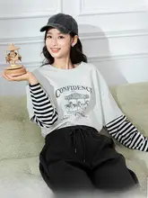 ストライプ切替デザインの長袖Tシャツ【レディース・レイヤード風】（セットアップ対応）