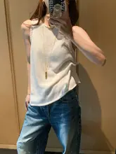 夏用 無地の穴あきデザイン ノースリーブリネントップス【ゆったりシルエット・ラウンドネック】