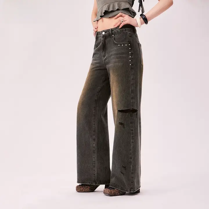 スタッズ付きダメージワイドレッグデニムパンツ【ハイウエスト・フリンジデザイン】