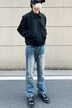 517デニムパンツ【ヴィンテージ風・ダークブルー・クリーンフィット・フレア・雪模様加工】