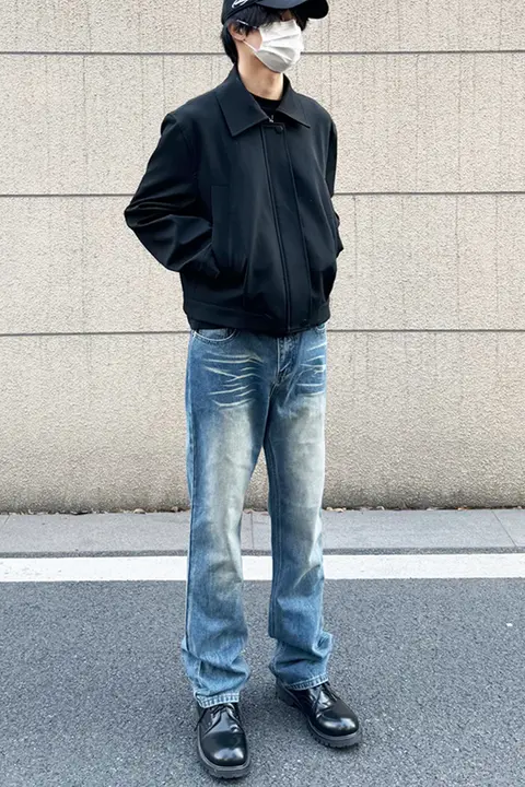 517デニムパンツ【ヴィンテージ風・ダークブルー・クリーンフィット・フレア・雪模様加工】