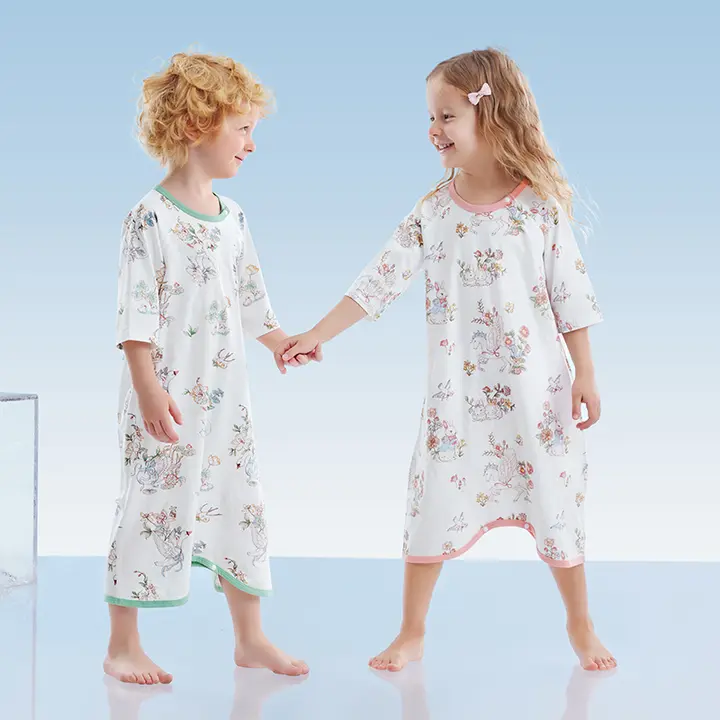 通気性のある背面メッシュデザインの子供用パジャマ【純綿・夏用・スリーブレス】