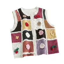 カラフルコットンニットベスト【ラウンドネック・立体花柄・チェックデザイン】