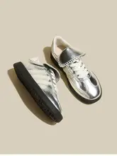 スニーカー レディース ドイツントレーニングシューズ メタリックシルバー フラットソール レースアップ ヴィンテージ カジュアル 秋