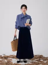 HTmeme ヴィンテージ風 深い青のベロアミディスカート【秋冬用・女性用】