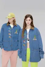 ブルーサボテンデザインのデニムシャツ【秋用・コーデュロイ襟・長袖】