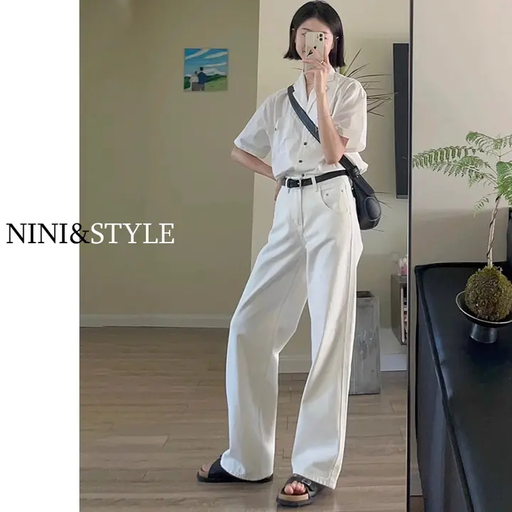 ホワイトワイドレッグデニムパンツ【高腰・ストレート・フィット】