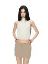 透け感のあるストレッチメッシュトップス【オフショルダー・立襟・小波型の裾・二色展開】