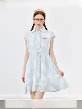 ブルー＆ホワイトチェックのウエスト絞り長袖シャツワンピース【学院風】（セットアップ対応）