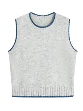 浅灰色ニットベスト【丸首・コントラストカラー・ショート丈・重ね着対応】