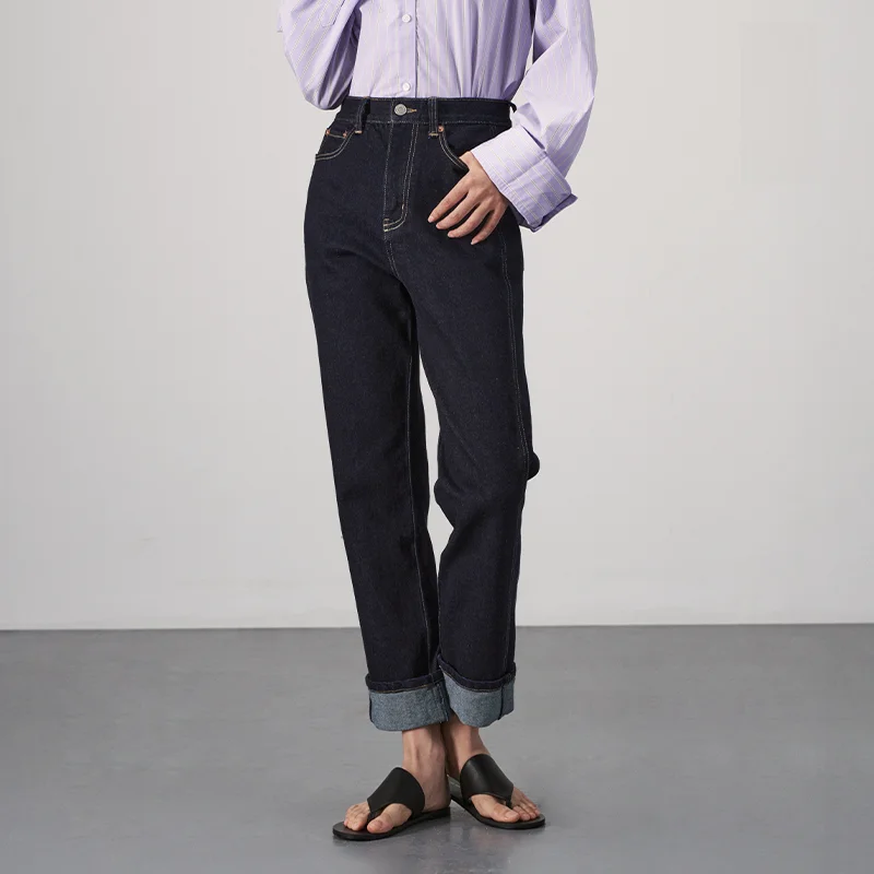 ハイウエストストレートデニムパンツ【レトロスタイル・裾翻り・美脚効果】（セットアップ対応）