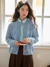 月牙辺デザインのラウンドネック立体手工花長袖カーディガン