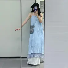 エレガントなブルーのキャミソールワンピース【夏用・リゾートスタイル・ロングドレス】（セットアップ対応）