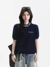 感のあるバイカラー ボーダー ニットTシャツ【レディース・夏用・短袖】