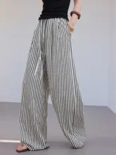 ストライプ柄のレトロ風ワイドパンツ【女性用・フィット・ロング丈】（セットアップ対応）