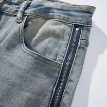 洗い加工されたデニムパンツ【サイドジッパーデザイン・メンズ・ハイストリート・ワイドストレート】