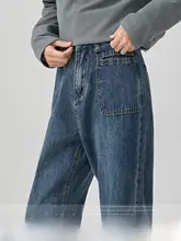 ヴィンテージ風 深青高ウエストストレートジーンズ【体型カバー・長パンツ】（セットアップ対応）
