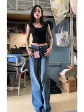 高身長向け 美式ヴィンテージスタイルのブーツカットデニムパンツ【春夏用・着痩せデザイン・ストレート】