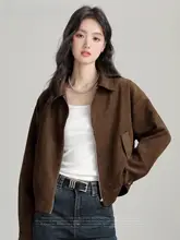 ブラウンのレトロ調フェイクスウェード翻リブジャケット【春用・ジッパー付き・女性用】