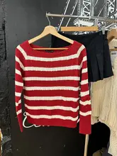 BM フランス風クリスマスレッドストライプニットセーター【ツイスト模様・オフショルダー・女性用】