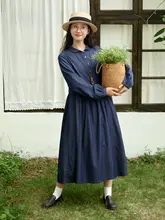 純棉の翻領デニムワンピース【レトロ風・春用・中丈・ブルー】
