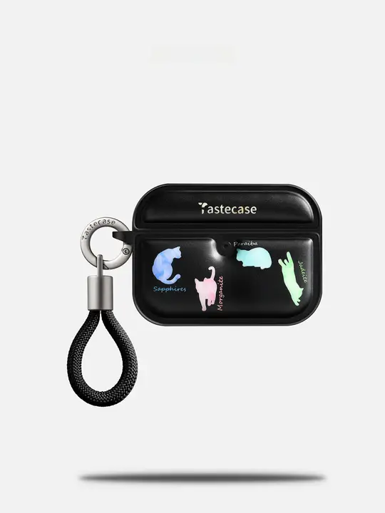 イヤホンケース マグネット式 宝石 猫 デザイン ブラック オリジナル 上品 キュート AirPods Pro 対応 「Tastecase」