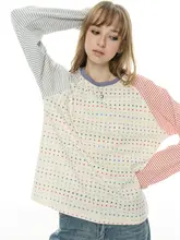 ドットデザインのカラー切替ラウンドネック長袖Tシャツ【秋春用・ストライプ・ゆったりタイプ】