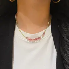 天然オリーブ石とストロベリークリスタルの多宝ネックレス【女性用・カジュアルデザイン・ロングチェーン】