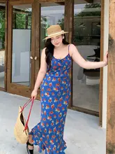 レトロ花柄デザインのウエストシェイプキャミソールワンピース【大きいサイズ・フランス風・ビーチリゾート用】