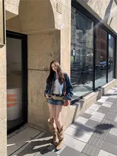 秋季ヴィンテージデザインのショートデニムジャケット【セクシーなタイトスカートとパンツ付き】（セットアップ対応）