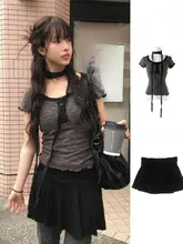 夏用大きな襟のレース切り替え半袖Tシャツとひだ入りスリムシルエットミニスカート（セットアップ対応）